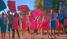 Three young women and three young men stand in a line, with an older woman and an older man. One young woman stands behind the rest, with her back to a bright pink van. The women wear vivid pink skirts and tops and the men wear vivid blue shorts and shirts. They hold placards, in bright blue and pink, which display statements including "Silly Faggots — Dicks are for Chicks" and "Procreate". One young woman, without a placard, throws a rock in front of her.