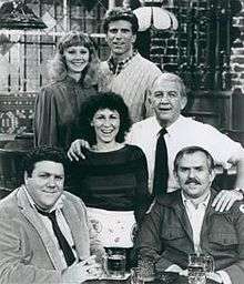 Background is the bar setting. Top row has a blond waitress and a handsome bartender. Middle row has a brunette perm waitress and an old bartender. Bottom row has a suit-dressed man and a mailman.