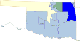 Cherokee Nation tribal jurisdiction area in Oklahoma, in dark blue.
