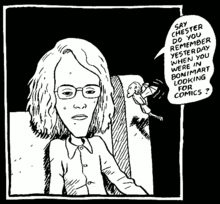 A cartoon panel of long-haired boy with glasses, and a small winged figure speaking to him