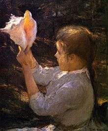 Very early 20th century painting of a young girl holding a shell of this species up to the light and looking into it