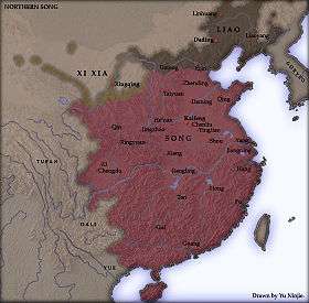 A map showing the territory of the Song, Liao, and Xia dynasties. The Song dynasty occupies the eastern half of what constitutes the territory of the modern People's Republic of China, except for the northernmost areas (modern Inner Mongolia province and above). The Xia occupy a small strip of land surrounding a river in what is now Inner Mongolia, and the Liao occupy a large section of what is today northeast China.
