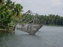 Fishing nets anchored to lakeside, surrounded by palm trees