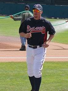 Chipper Jones in a Braves uniform with orange-tinted sunglasses