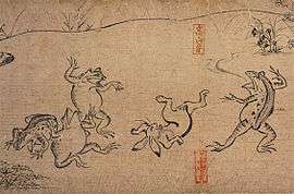 A rabbit and some frogs are depicted wrestling.