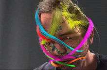 A digitally rendered version of Chris Landreth's face, slightly tilted downward, on a dark grey background. Ribbons of various colours wrap around his head in various orientations.