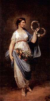 A painting of a youthful goddess holding wreaths of flowers and wearing clothing imitating that of ancient Greek or Rome.