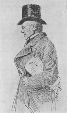 A black-and-white drawing of a middle-aged man dressed in a long coat. He wears glasses and a beaver hat. In his left arm are a walking stick and a copy of a newspaper.