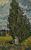  A painting of a large group of cypress trees, beside which two young women are walking, a large house in the background, under a bright blue sky.
