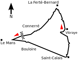 A roughly triangular track, with Le Mans at the western corner, La Ferté-Bernard at the north-east corner and Saint-Calais at the south-east corner. The track begins on the north-west side, and travels anti-clockwise.