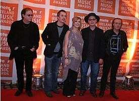 Five people (four men, one woman in the middle) standing next to one another on a red carpet; in the background is a repeated pattern of orange blocks with the text "meteor IRELAND MUSIC AWARDS"