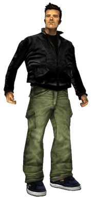 A computer generated image of a brown haired man. He wears a black shirt and black jacket, grey pants and blue sneakers.