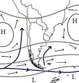 Weather maps showing the usual position of weather systems around the southern part of South America.