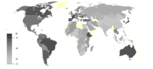 The Americas, Europe, Australia, Kenya and Japan are the darkest. The remainder much lighter.