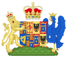 A heraldic shield emblazoned with the emblems of France, Scotland, England, Ireland and the House of Este.