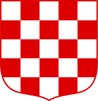 a red and white checkerboard shield