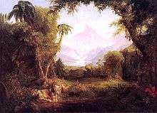 Painting of a lush forested scene representing The Garden of Eden by Cole Thomas (1828)