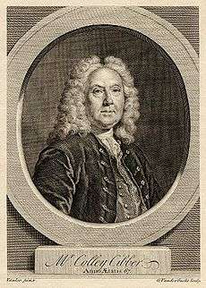 Line engraving of a pudgy late-middle-aged man from the 18th century, wearing a full wig, velvet jacket, waistcoat and cravat, looking through a faux-architectural roundel, above a plinth bearing his name: Mr Colley Cibber, Anno Ætatis 67.