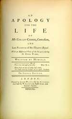 A book's title page inscribed "An Apology for the Life of Mr. Colley Cibber, Comedian"
