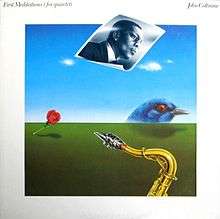 The cover is a painting depicting a giant bluebird peering over the horizon, a rose, a saxophone in the extreme foreground, and a blue photograph of Coltrane wafting in the air. The album title and artist appear in script at the top of the white border.