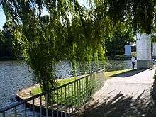 An inlet of the lake, landscaped with concrete footpaths, safety rails and shady trees. Many ducks are swimming next to shore.