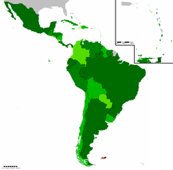 Map of North, Central and South America indicating CELAC members.