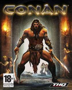 A muscular long-haired man stands in front of a passageway. Naked except for a loincloth, boots, and bracers, he holds a sword in each hand. Behind him are five very scantily-clad women, looking at him. The word "Conan" is emblazoned at the top in capital letters.