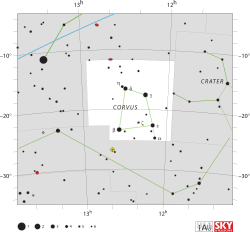 Diagram showing star positions and boundaries of the Corvus constellation and its surroundings