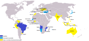 A map of member states of the CPLP (dark blue), associate members (light blue), and officially interested parties (yellow)