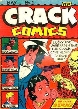 Comic-book cover, with masked man pointing a gun at a villain