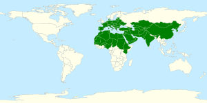 Approximate range in green shown on a map of the world