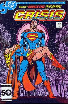 Comic-book cover, with a grieving Superman carrying Supergirl