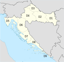 Map of Croatia with digital TV regions