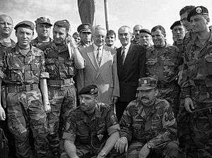 Franjo Tuđman and several Croatian Army officers at a photo op