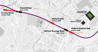 Railway line going west to east showing stations Croxley Green (terminus, closed), Cassiobridge (new), Watford West (closed), Watford Vicarage Road (new) and Watford Stadium Halt (closed)