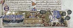 Medieval miniature showing a fortress assaulted by riders on the right and a fleet of galleys on the left