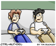 Two cartoon characters sit on a couch playing a console game