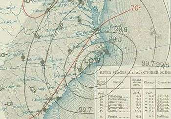 Weather map depicting a storm straddling the coast of North Carolina.
