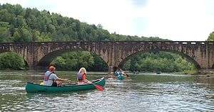 Several canoes pass under a bridge over a wide river in a forest.