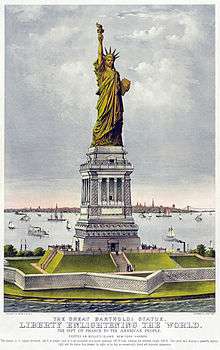 Color picture of the Statue of liberty and ellis island. The statue is in green