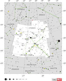 Diagram showing star positions and boundaries of the Cygnus constellation and its surroundings