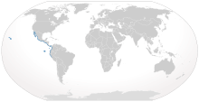 World map with blue shading along the western coast of the Americas from Baja California to Peru, and around the Galapagos and Hawaiian Islands
