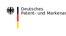 From left to right: A stylised black eagle with wings outstretched, head facing left; A vertical sequence of black (top), red and yellow (bottom) rectangles; The text "Deutsches Patent- und Markenamt"