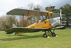 A biplane in yellow and silver livery stands parked in the middle of a field.