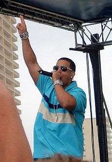 A man with sunglasses and a blue shirt holding a microphone.