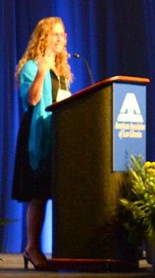 Dahlia Lithwick giving the keynote speech at the American Association of Law Libraries conference, cropped.