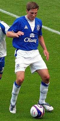 A man wearing a blue football shirt, white shorts, and white socks, standing on a football pitch.