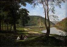 Painting of river, with a sailing boat on it, with trees and grassy areas to the left