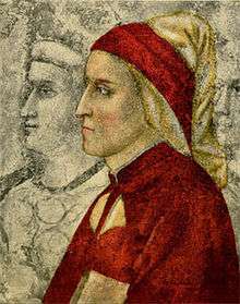 Giotto's portrait of Dante Alighieri left facing profile with red cape and cap