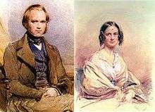 Left to right: Watercolour portrait of Charles Darwin, seated; watercolour portrait of Emma Darwin, seated